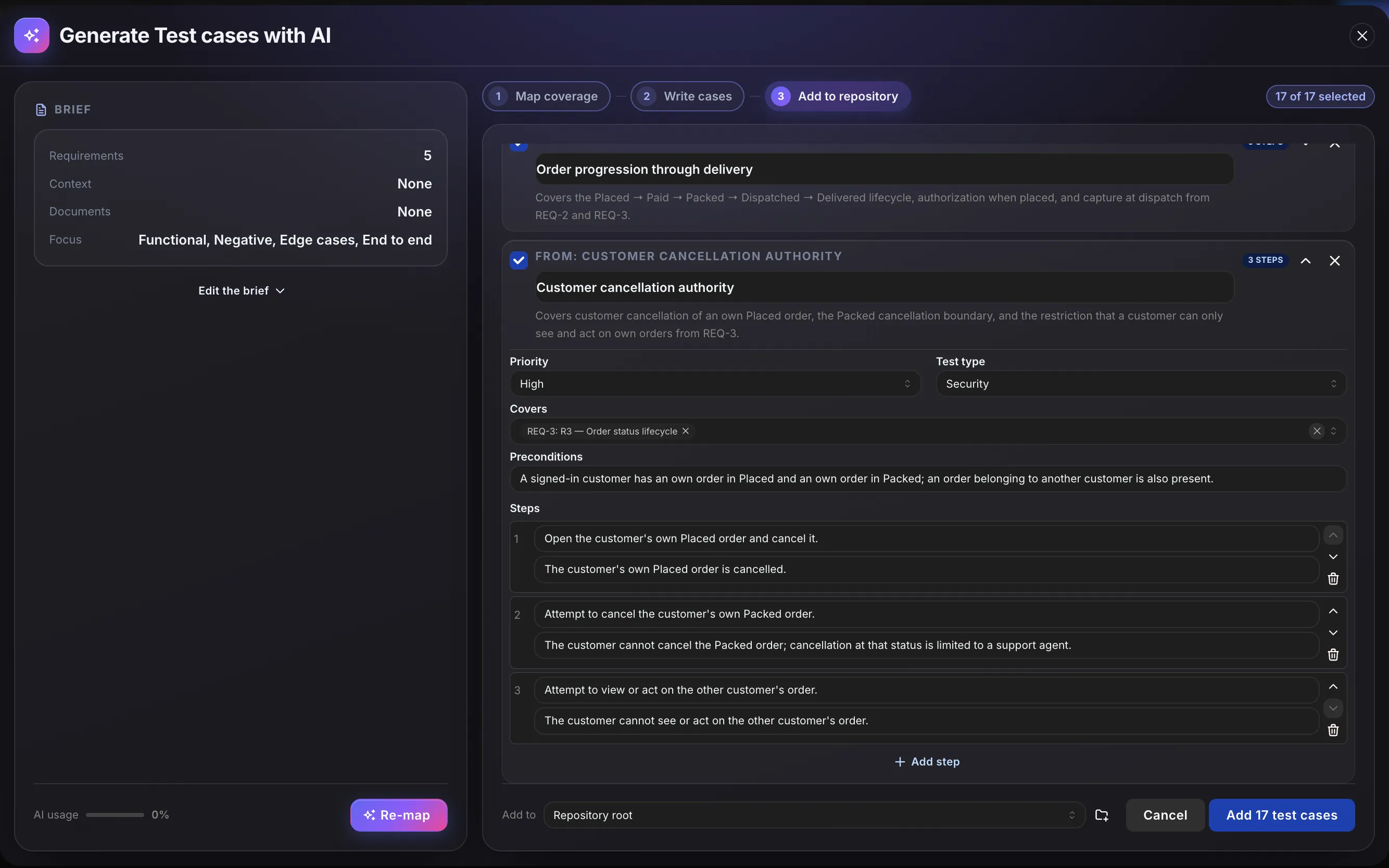 The drafts pane: a generated test case expanded to show priority, test type, the requirement it covers, its precondition, and each step with its expected result.