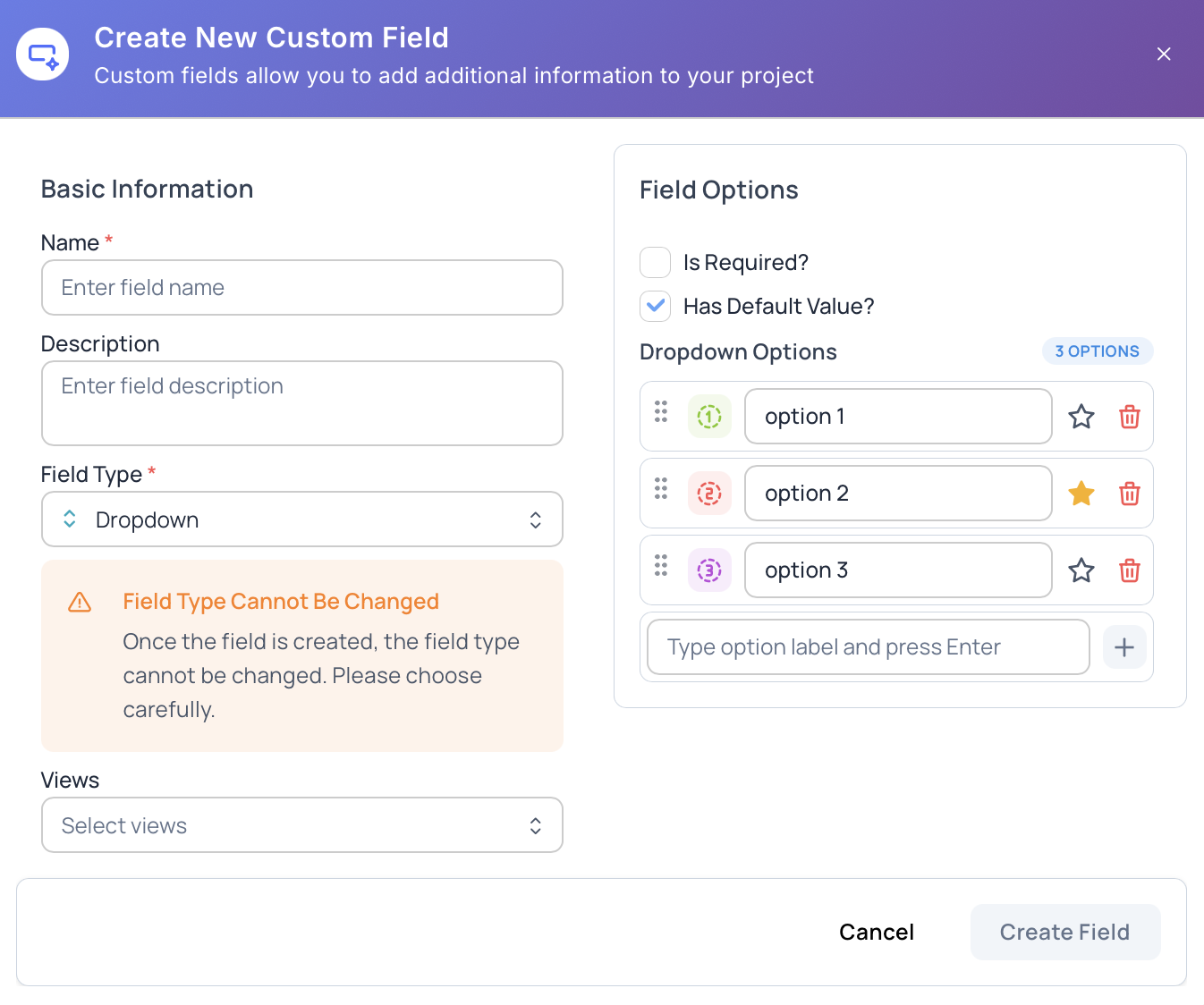 Create Project Custom Field Dropdown