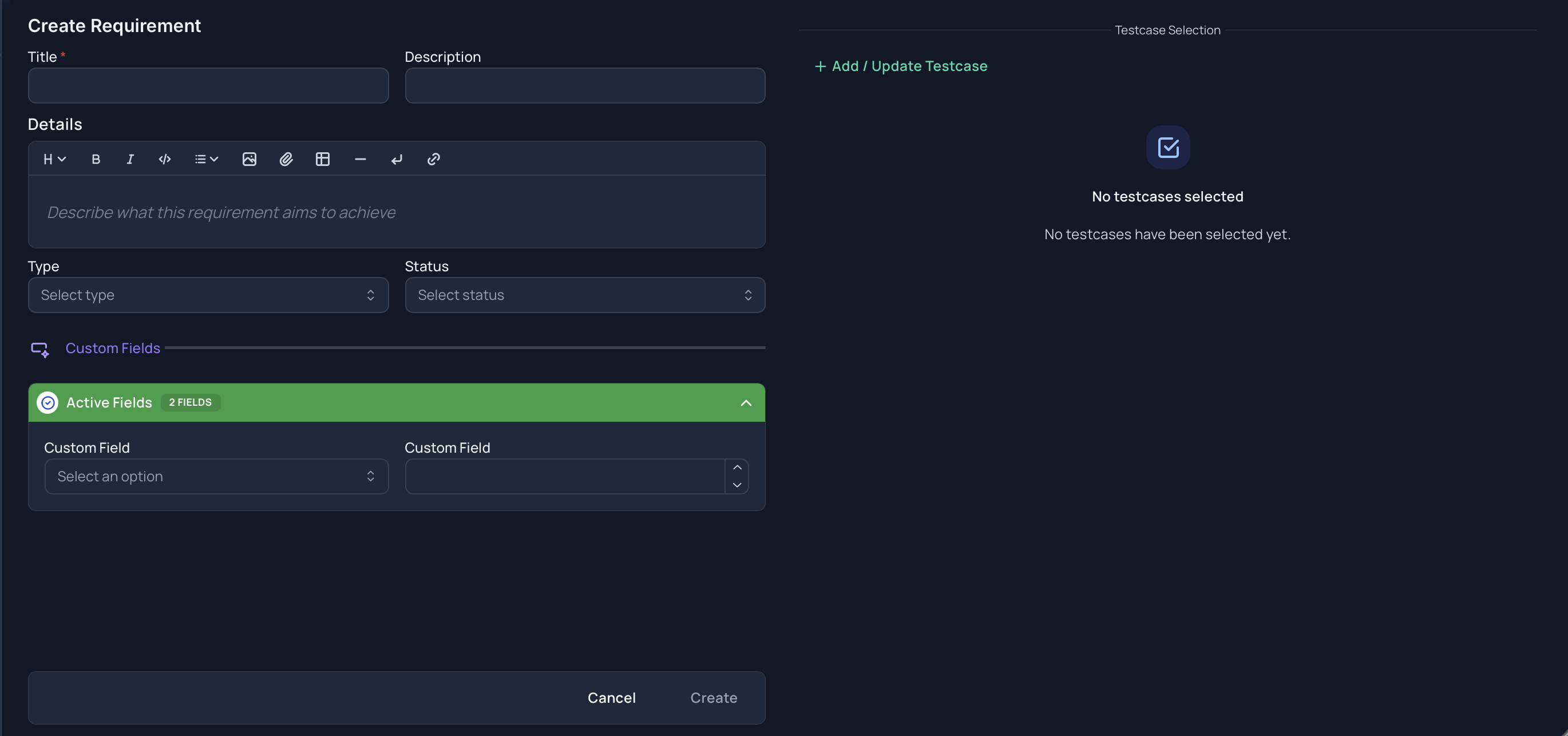 Create Requirement Window